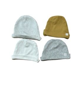 Kids Cotton Beanie Set - White, Gray, Striped White & Mustard